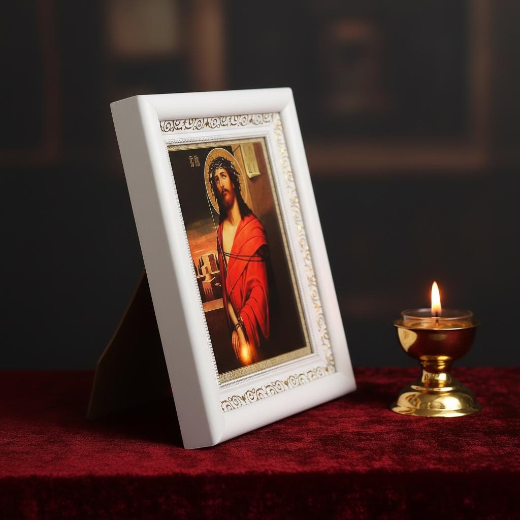 Orthodox Icon Jesus Christ 15x18 cm in White Wooden Kiot 21x24 cm, Hanging Icon, Orthodox Christian Gift, Icon in a Frame