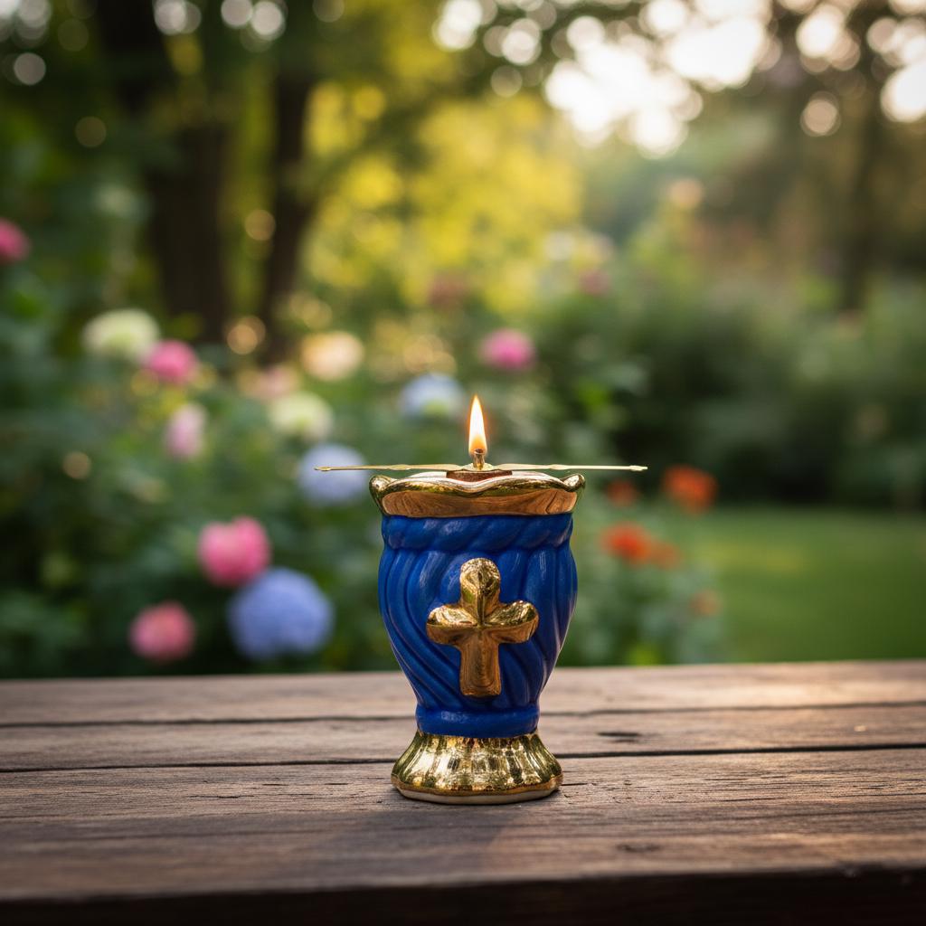 Blue & Gold Ceramic Table Oil Lamp 3.5in, Cross Design, Orthodox Prayer Lamp with Wick Holder + 10 Wicks
