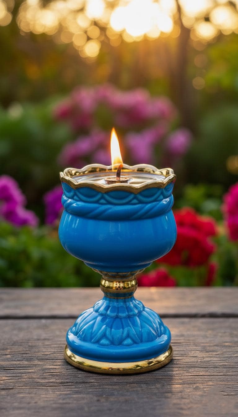 Ceramic Table Oil Lamp 5.5in Blue. Set includes: Lamp body, glass insert, float, 10 wicks