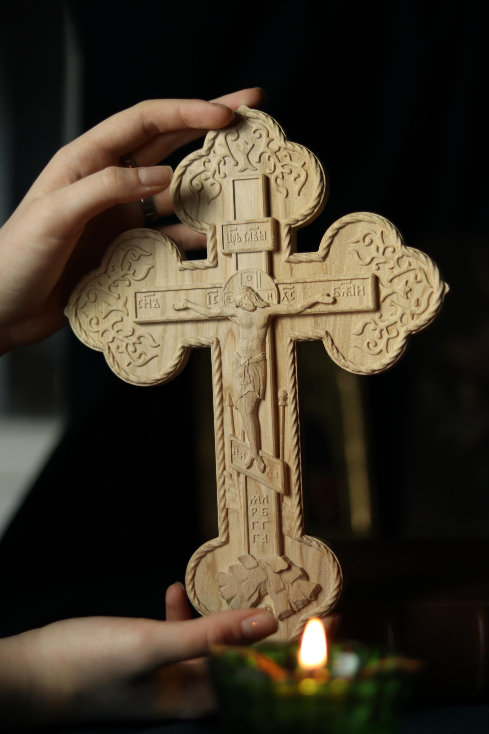 Wooden Orthodox Crucifix 11.8in, Beech Wood Cross, Cross of Lord Jesus Christ