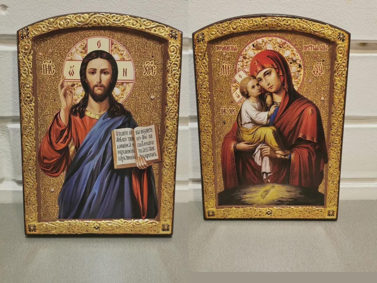 Wood Icons Pair 7.8x6.1 in, Ash Veneer, Orthodox Icons, Wedding Icons, Christian Decor.