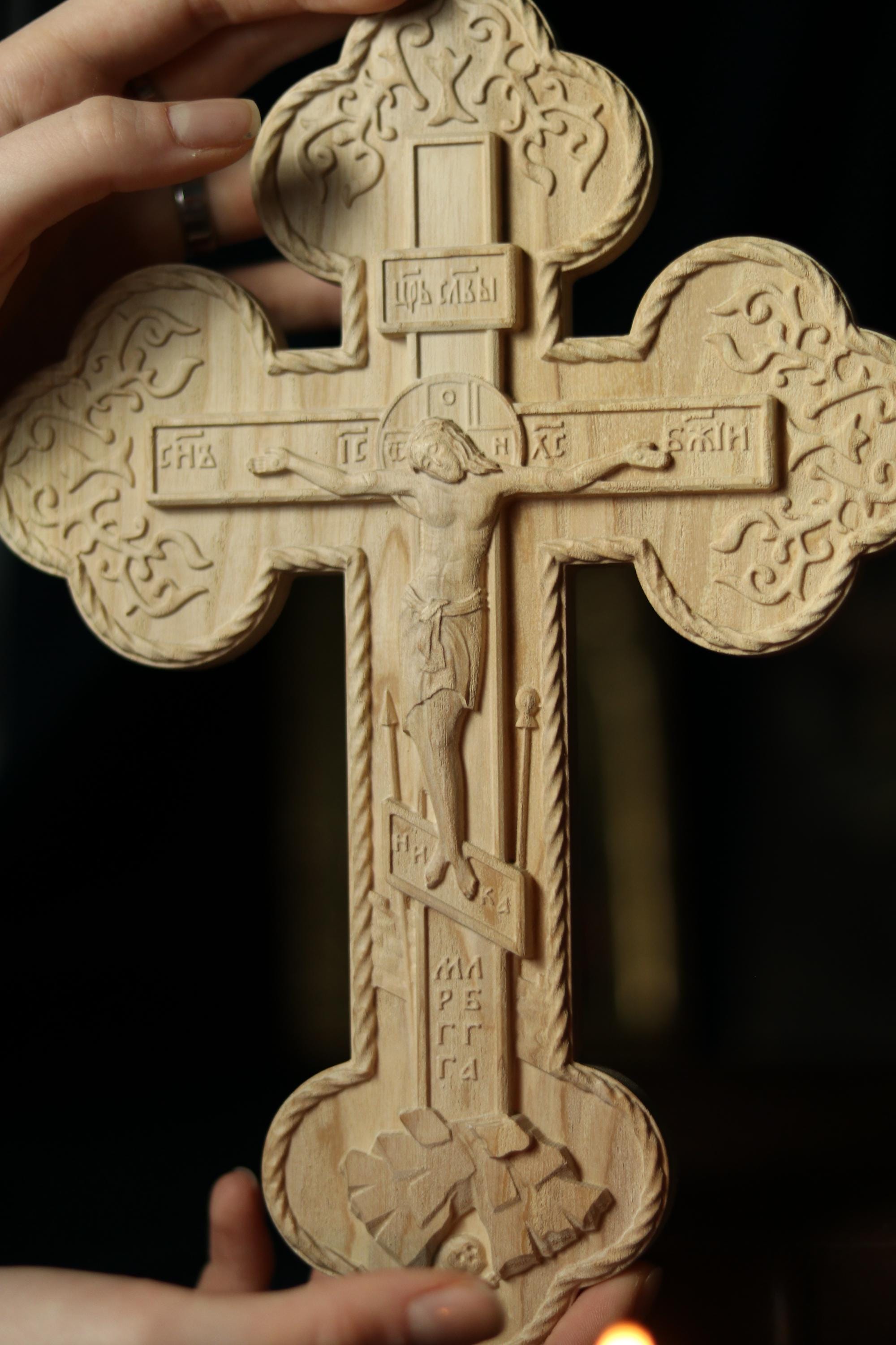 Wooden Orthodox Crucifix 11.8in, Beech Wood Cross, Cross of Lord Jesus Christ