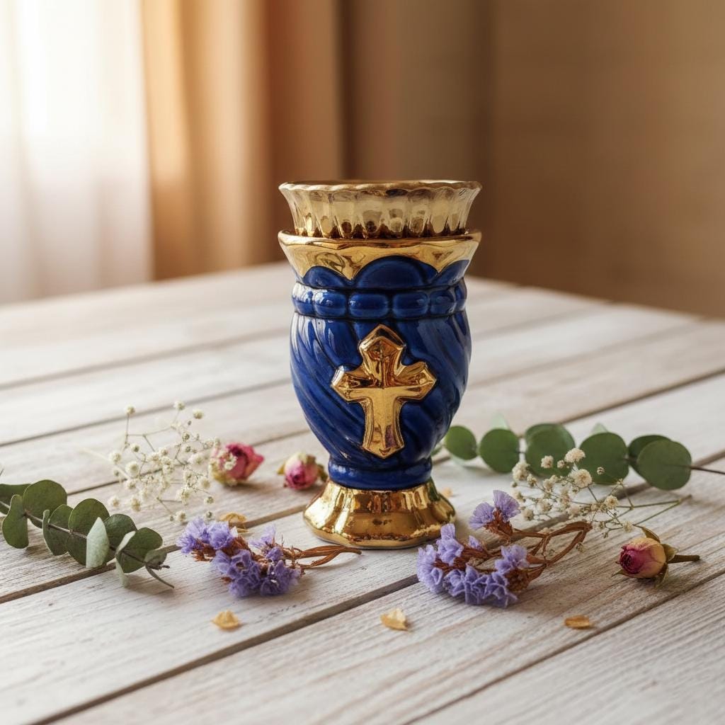 Blue Glass & Metal Table Lamp 2.56×4.53 in, Orthodox Lamp, Icon Lamp, Oil Lamp, Prayer Light, Religious Decor