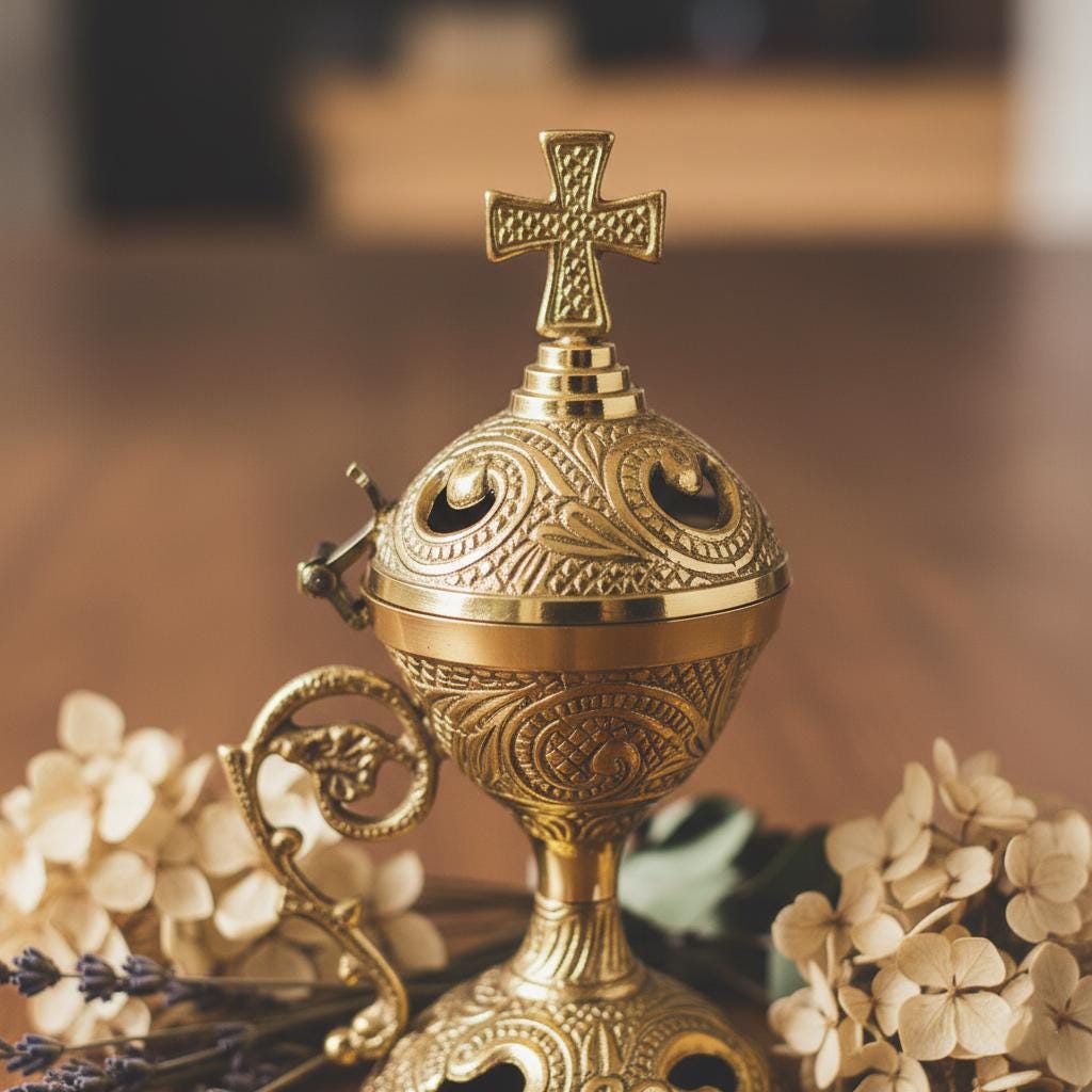 13cm Carved Bronze Orthodox Censer, Byzantine Incense Burner, Prayer Corner Decor, Church Supply, Religious Gift