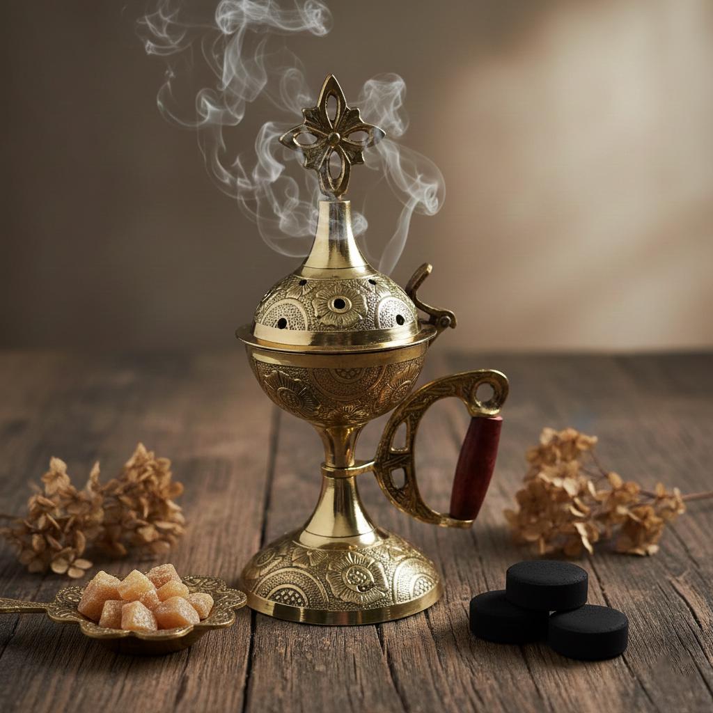 Metal Incense Burner 6.7in Set – Greek Censer with Embossed Design, 50g Greek Incense, 24mm Charcoal Tablets, Orthodox Prayer Kit