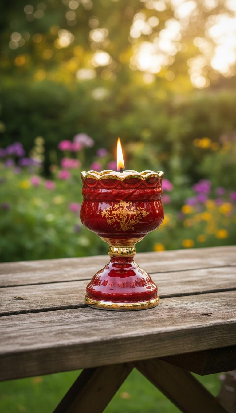 Christian Red Ceramic Table Oil Lamp 5.5in. Set Includes: Lamp, floating wick, wick holder