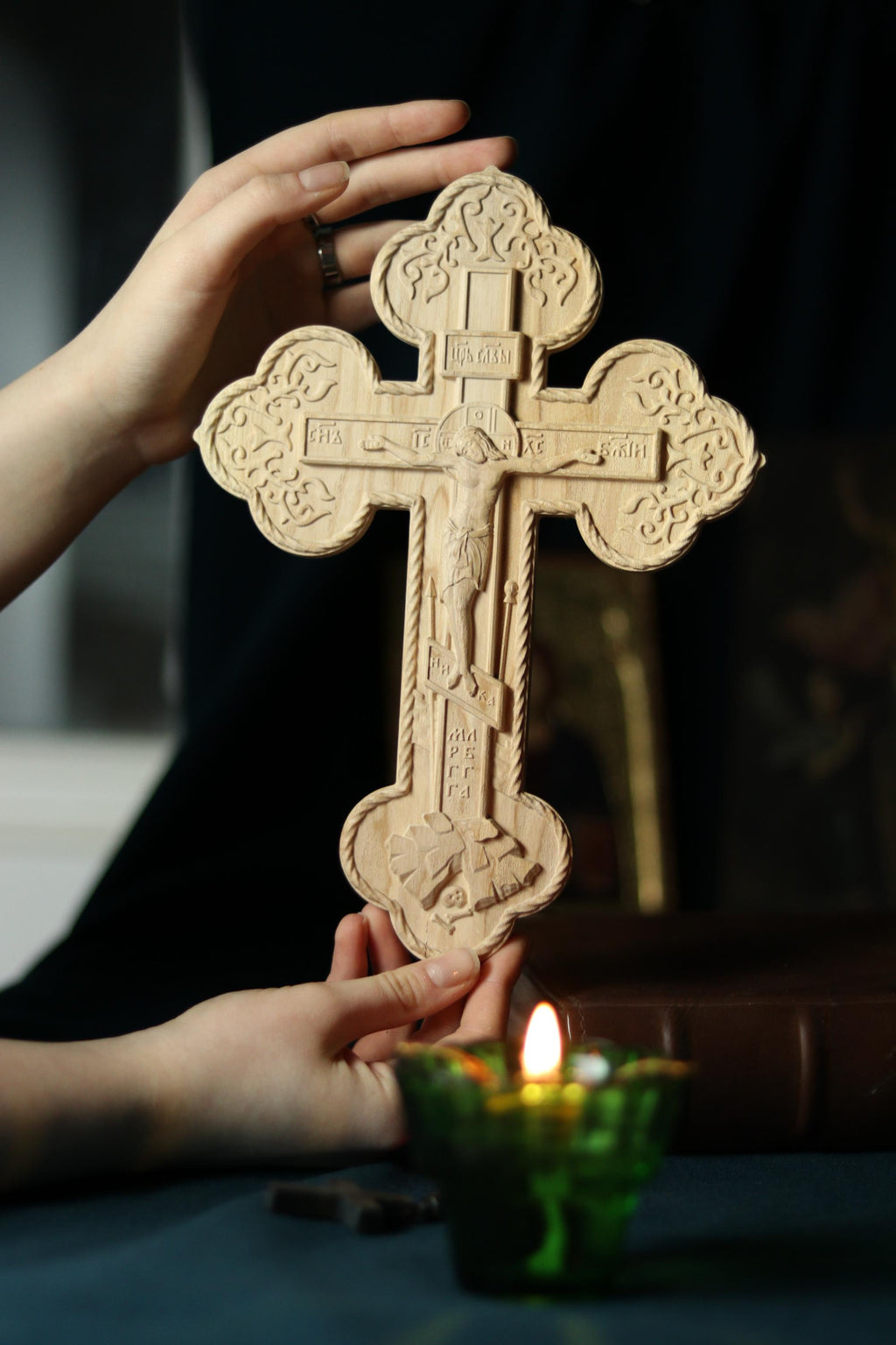 Wooden Orthodox Crucifix 11.8in, Beech Wood Cross, Cross of Lord Jesus Christ