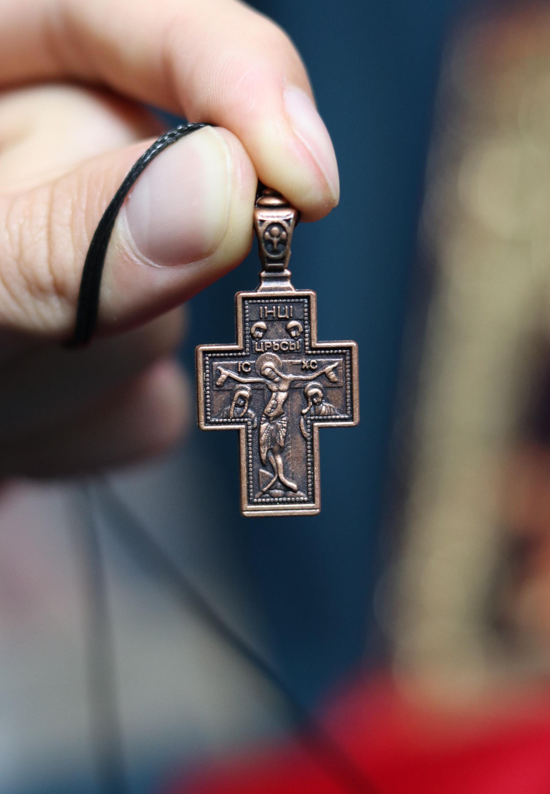 Orthodox Crucifix Necklace – Bronze Cross with Jesus – Back Virgin Mary “The Sign” – 0.7x1 in Pendant, Orthodox cross, Christian jewelry