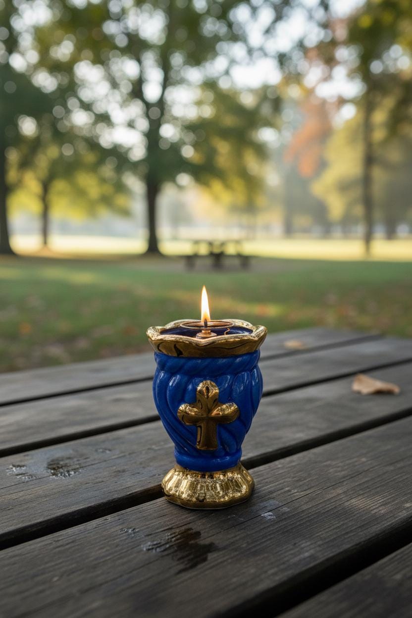 Blue & Gold Ceramic Table Oil Lamp 3.5in, Cross Design, Orthodox Prayer Lamp with Wick Holder + 10 Wicks