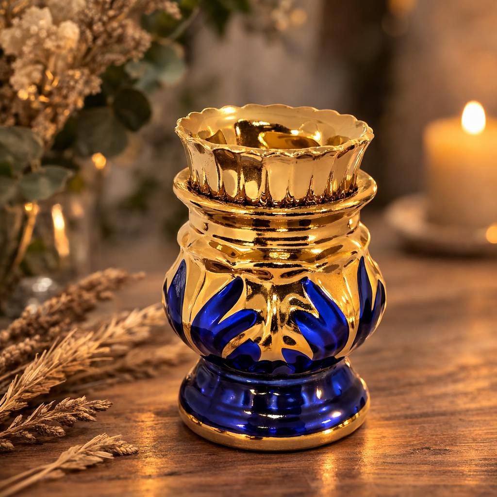 Orthodox Oil Lamp 3.7 in, Blue Ceramic Lampada with Glass Cup, Christian Prayer Lamp, Icon Lamp for Home Altar