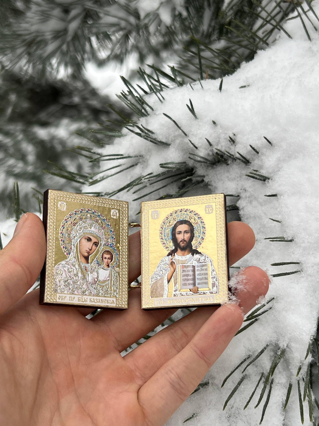Wooden Folding Icon 1.6×2 inch, Kazan Mother of God, Jesus Christ Savior, Orthodox Icon, Pocket Icon, Christian Gift, Prayer Travel Icon