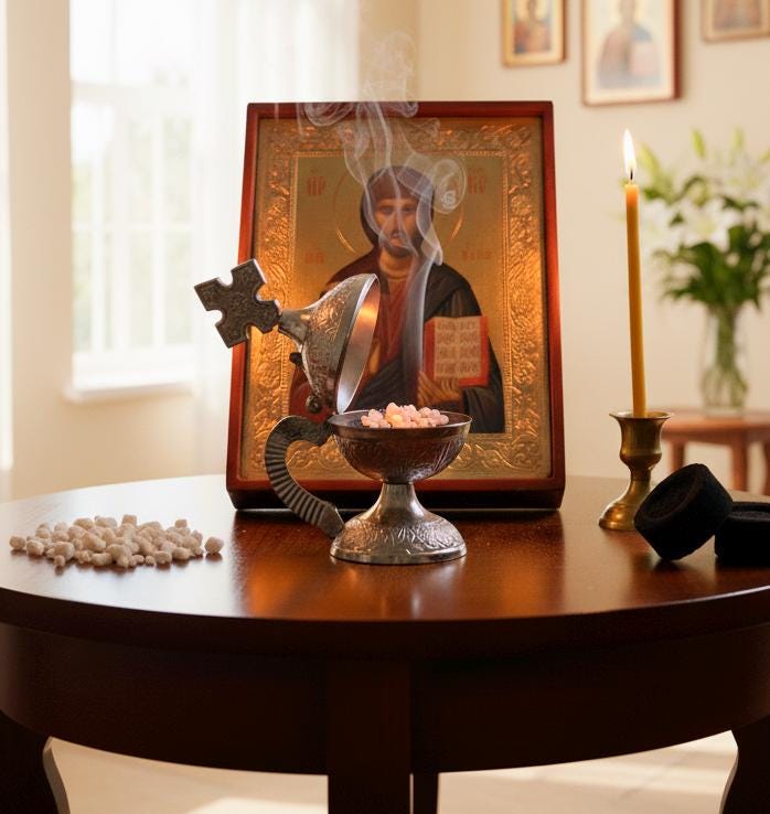 Orthodox prayer set: metal censer, 50 grams of incense, 6 charcoal tablets.