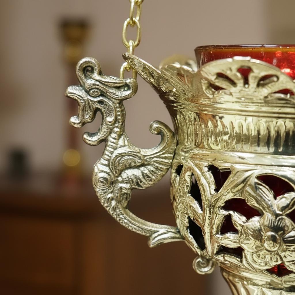 Hanging Vigil Lamp 7.3x4.9 in,, Greek Orthodox Lampada with 16.7 in Chain