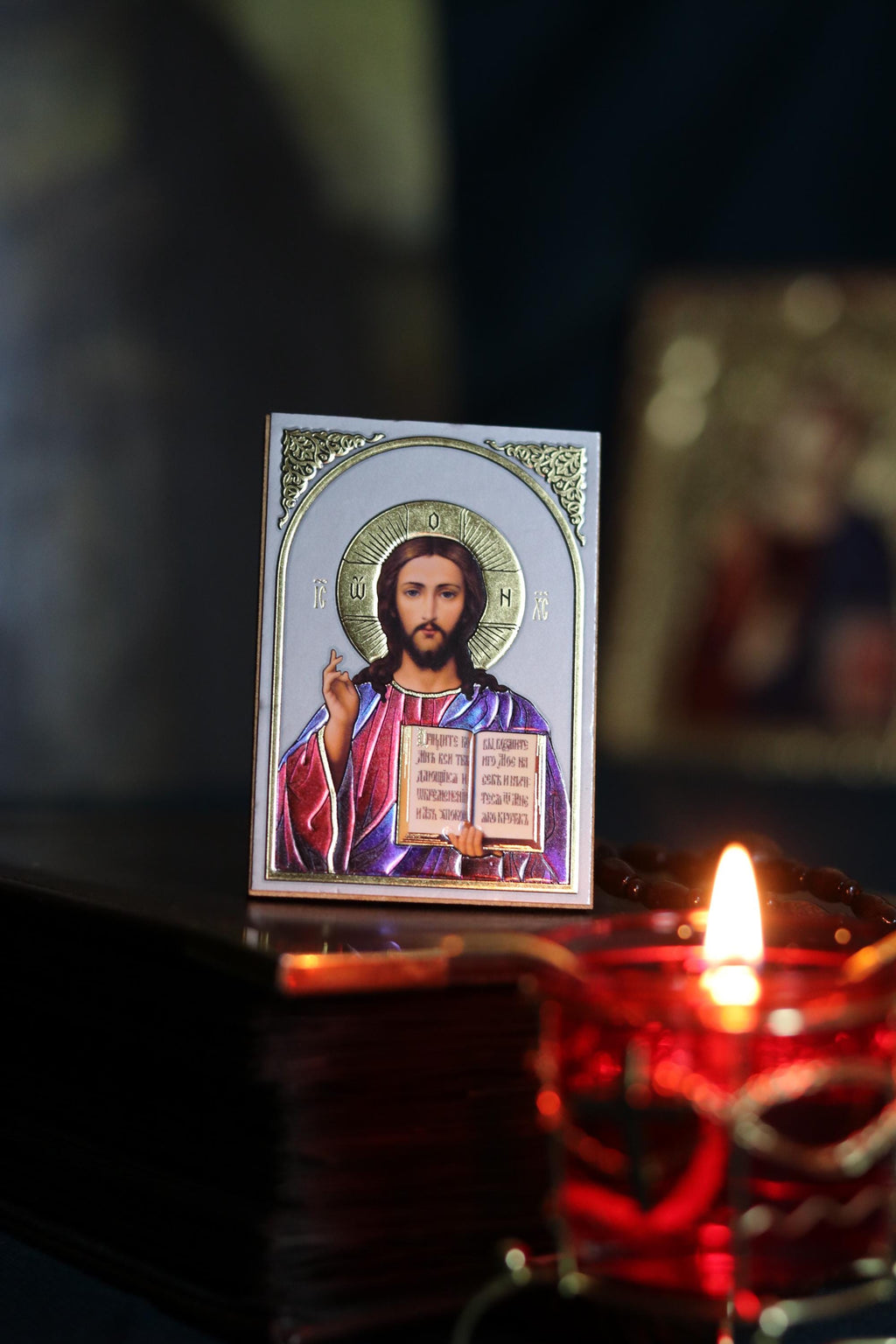 Wooden Orthodox Jesus Icon 3.3in, Christ Pantocrator Icon, Small Prayer Icon
