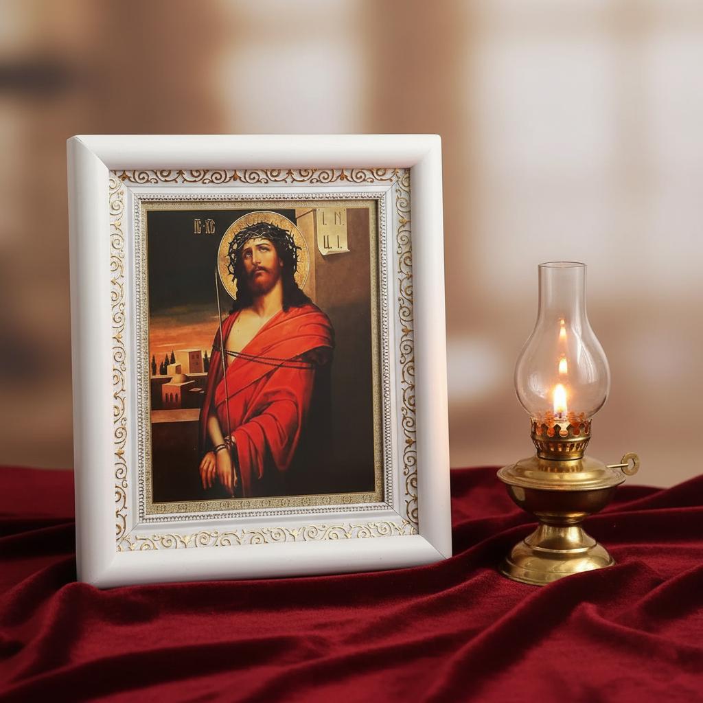 Orthodox Icon Jesus Christ 15x18 cm in White Wooden Kiot 21x24 cm, Hanging Icon, Orthodox Christian Gift, Icon in a Frame