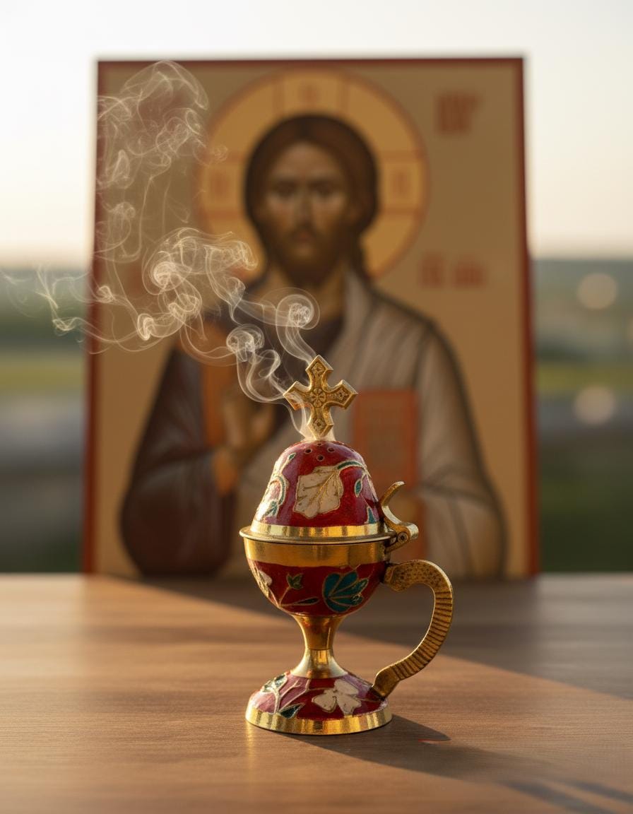 Incense burning set: metal enamel censer 5.9 in, 50 grams of Greek incense, 6 coals 24 mm.