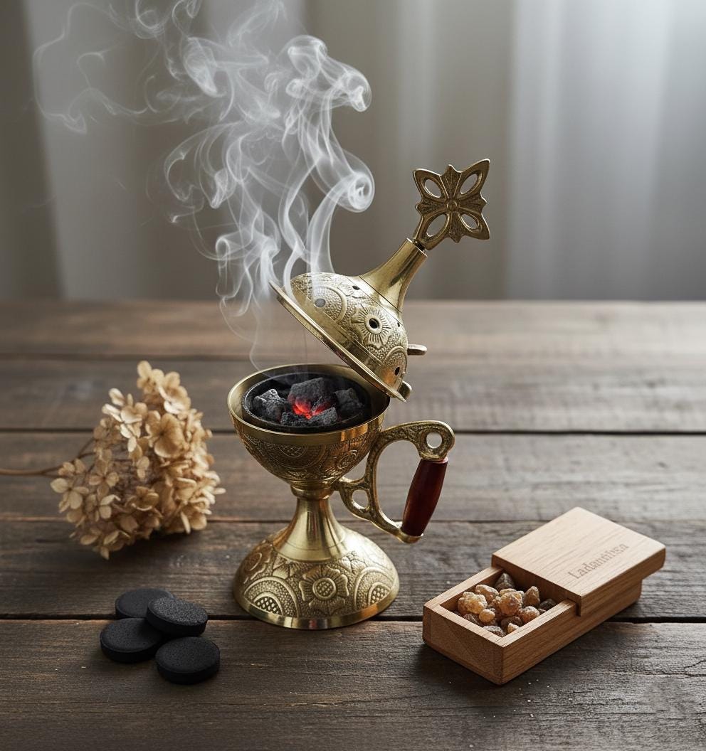 Metal Incense Burner 6.7in Set – Greek Censer with Embossed Design, 50g Greek Incense, 24mm Charcoal Tablets, Orthodox Prayer Kit