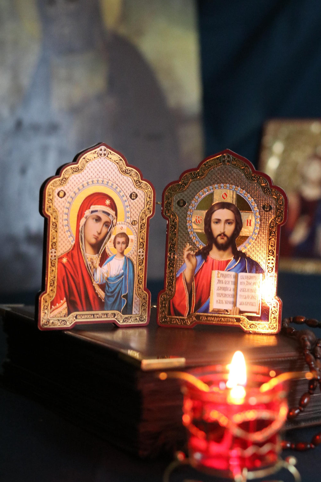 Wooden Orthodox Folding Icon 5.1in, Virgin Mary And Jesus Christ, Large Travel Diptych