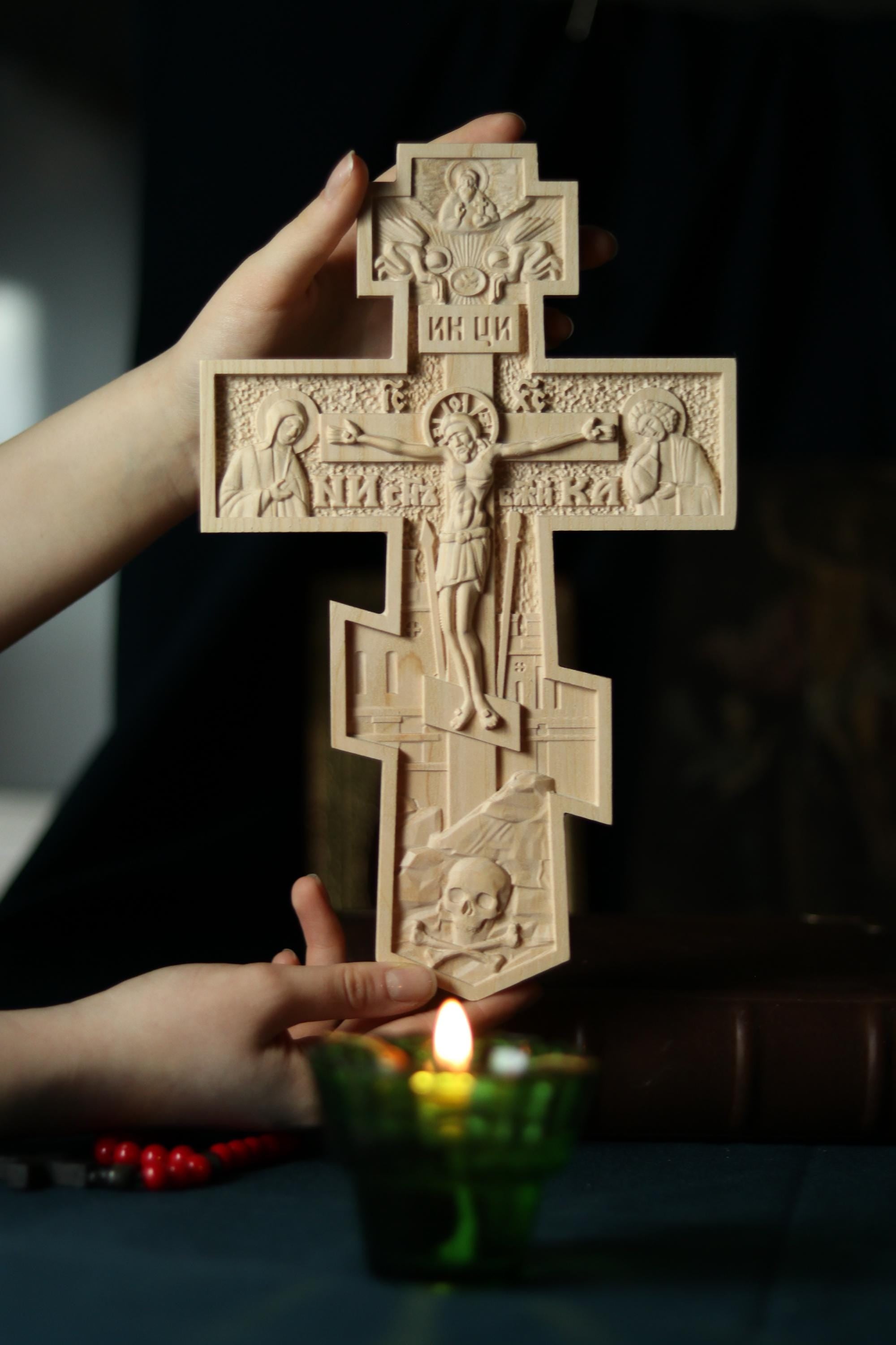 12in Beech Wood Orthodox Cross, Church Cross, Wooden Crucifix.