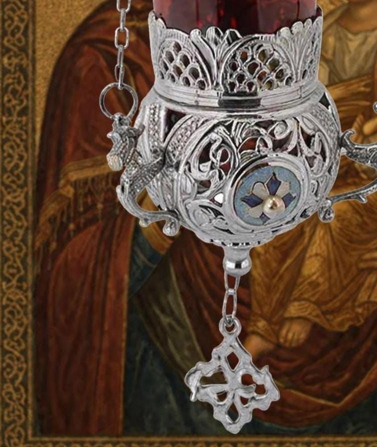 Brass Hanging Candle Holder Enamel Orthodox Lamp 4.3in Decor