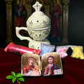 Christian incense set: white ceramic censer, triptych icon, 50 grams of Greek incense, 6 pcs. of coal.