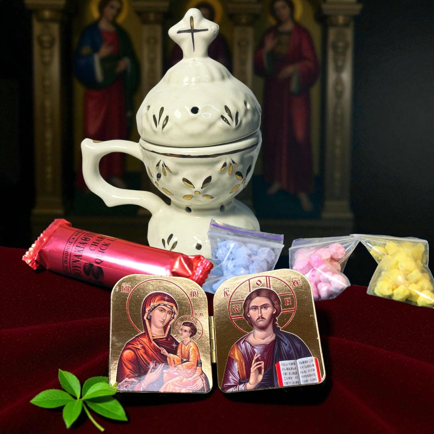 Christian incense set: white ceramic censer, triptych icon, 50 grams of Greek incense, 6 pcs. of coal.