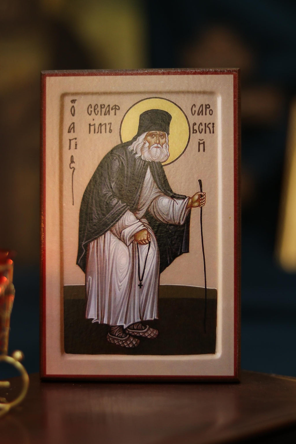 Wooden Orthodox Icon, Saint Seraphim Icon, Ash Veneer 6.3x3.9 in