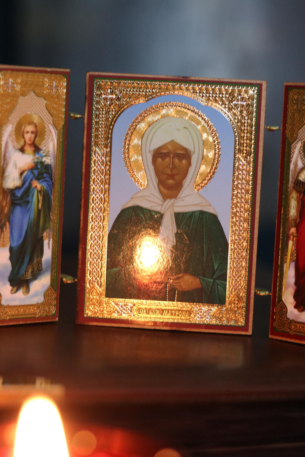 Saint Matrona Icon, Wooden Orthodox Triptych Icon 3.5in, Folding Travel Icon