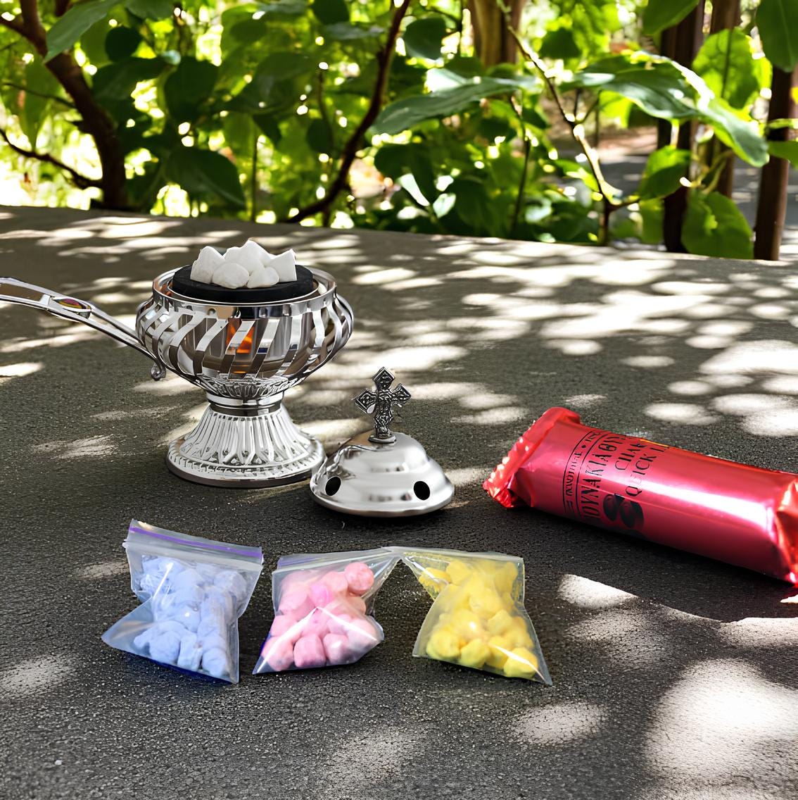 Orthodox Incense Burner Set, Silver Metal Censer 7.4x5.5in, Greek Frankincense, Charcoal Tablets, Christian Prayer Kit, Religious Gift