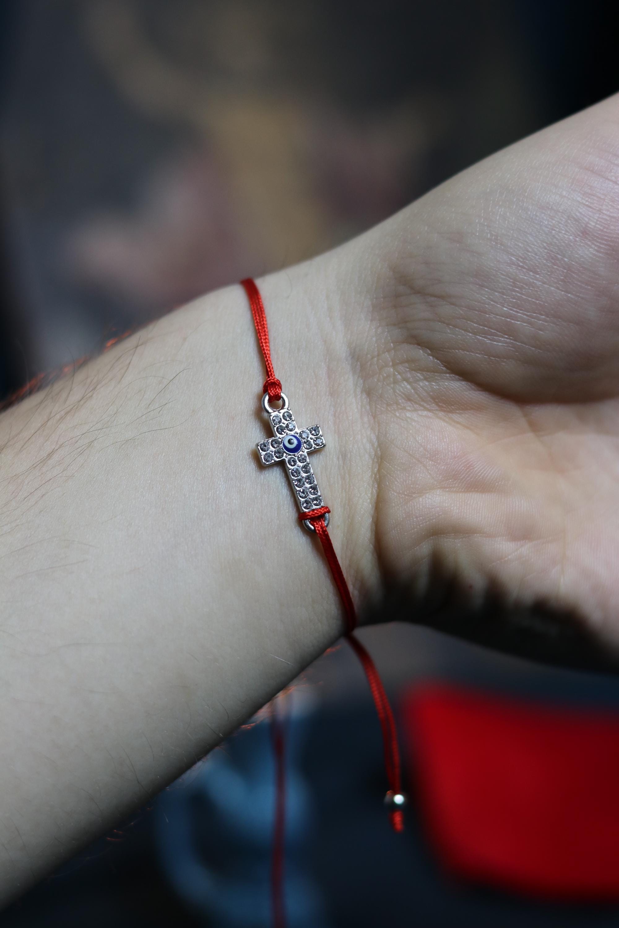 Red Cord Cross Bracelet – Adjustable Christian Bracelet with Silver-Tone Cross and Beads, Faith Jewelry Gift