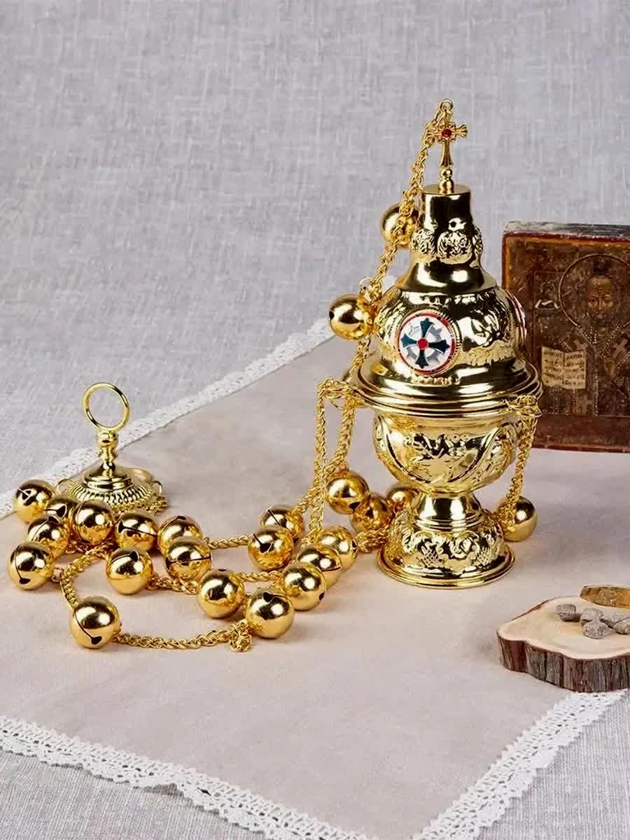 Gold Hanging Orthodox Censer 26in with 24 Bells | Brass Incense Burner | Designs with Cross or Saints (Jesus, Mary, Nicholas)