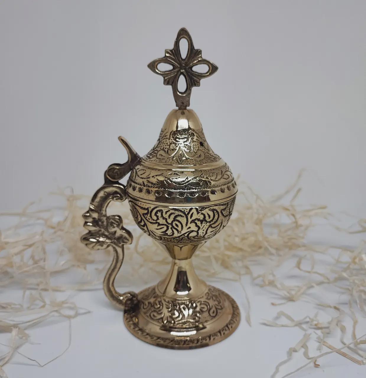 Orthodox Prayer Set: 5.5 in × 3.1 inch gold metal censer, 50 grams of incense, 6 charcoal tablets.