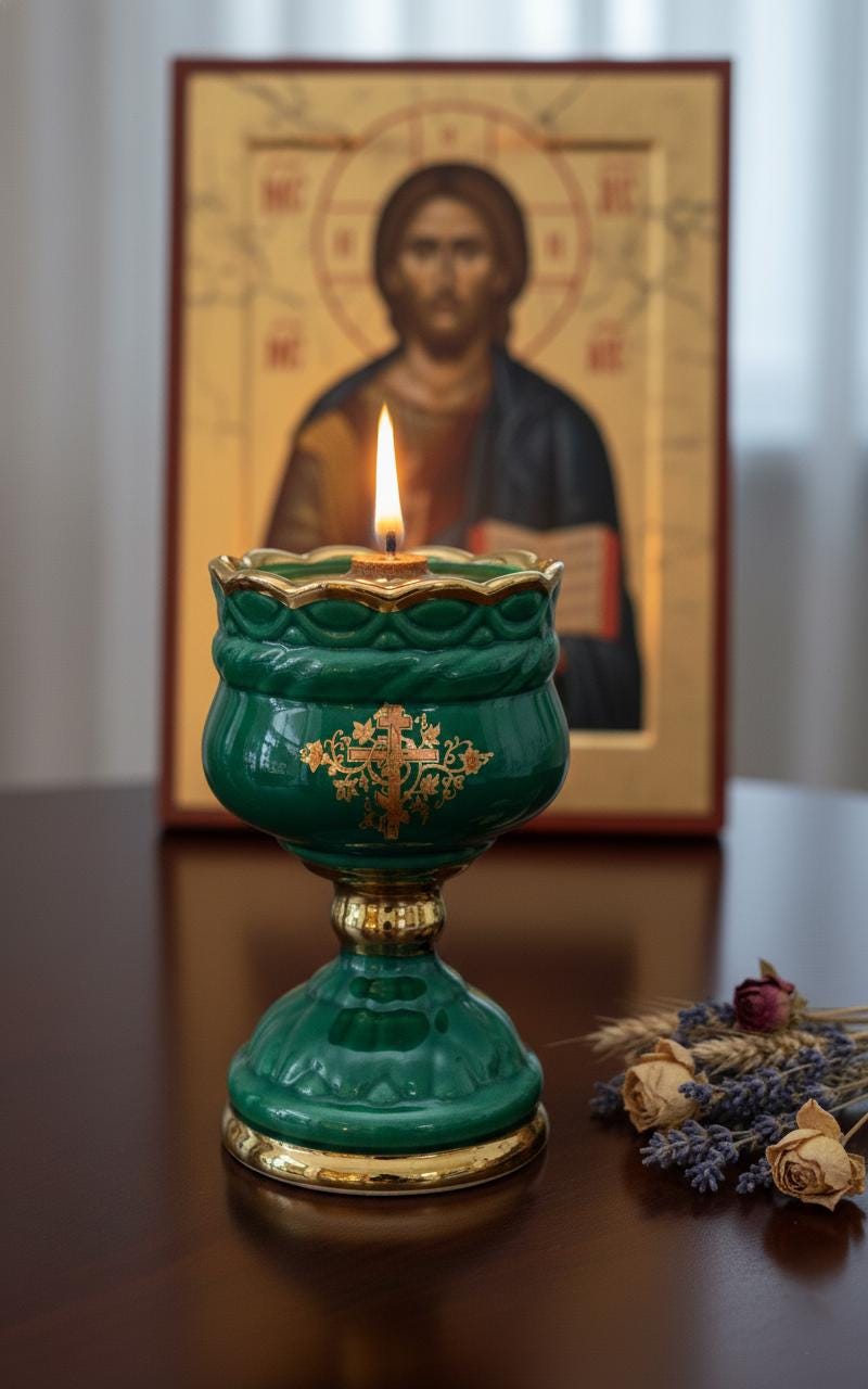 Christian green Ceramic Table Oil Lamp 5.5in. Set Includes: Lamp, floating wick, wick holder