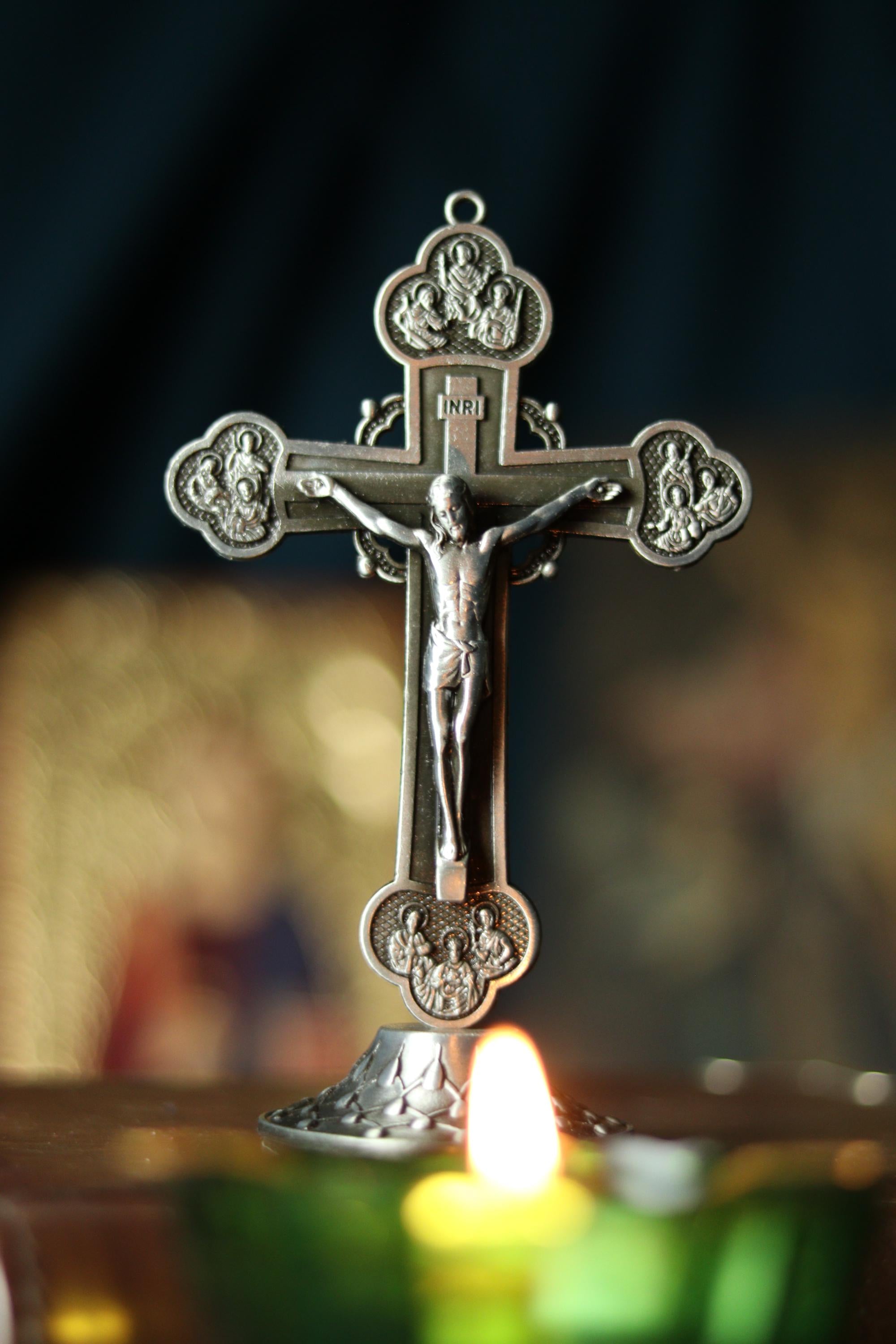 Metal Table Cross 3.5 in, Antique Silver Crucifix, Orthodox Cross, Christian Decor, Desk Cross, Religious Gift, Prayer Cross