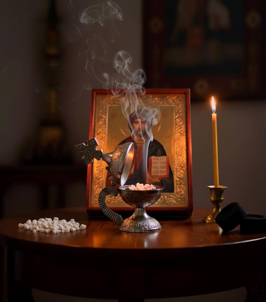Orthodox prayer set: metal censer, 50 grams of incense, 6 charcoal tablets.