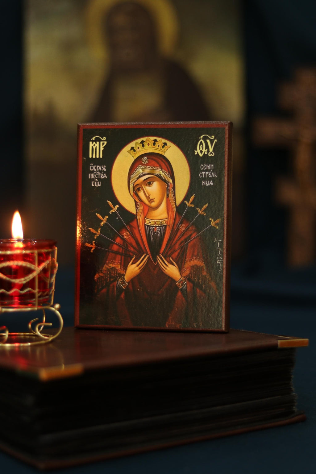 Orthodox Wooden Icon ., Seven Sorrows Mother of God, Softener of Evil Hearts