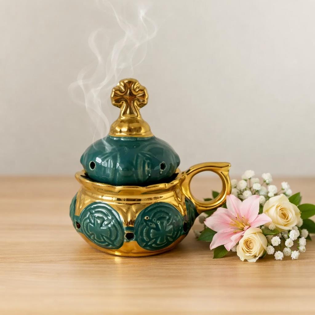 Orthodox Church Ceramic Incense Burner 4.3 in, Green Gilded Censer