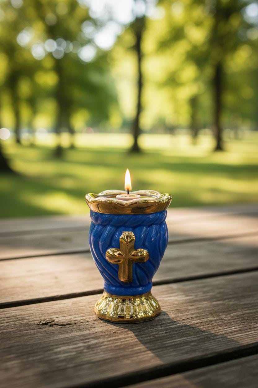 Blue & Gold Ceramic Table Oil Lamp 3.5in, Cross Design, Orthodox Prayer Lamp with Wick Holder + 10 Wicks