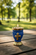 Blue & Gold Ceramic Table Oil Lamp 3.5in, Cross Design, Orthodox Prayer Lamp with Wick Holder + 10 Wicks