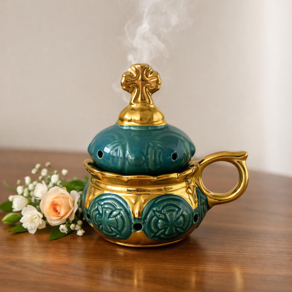 Orthodox Church Ceramic Incense Burner 4.3 in, Green Gilded Censer