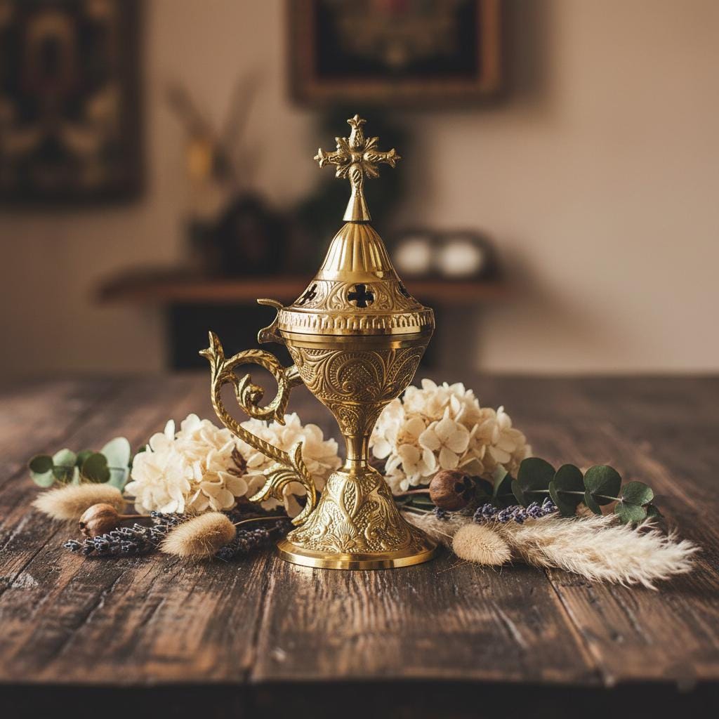 7.1in Carved Bronze & Nickel Plated Censer, Orthodox Censer, Church Incense Burner
