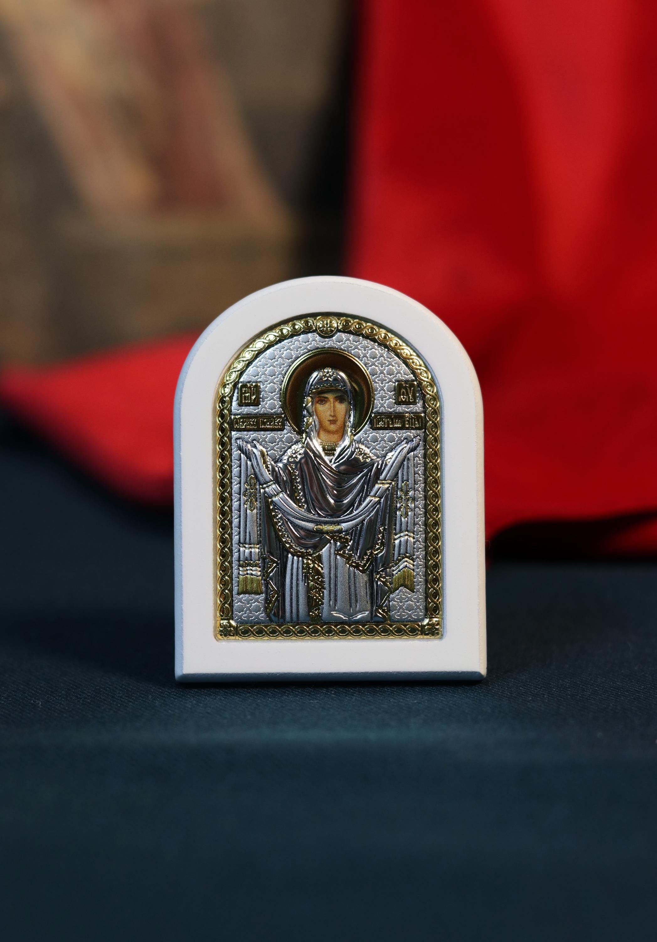 Orthodox Icon Virgin Mary Pokrov 2.36"x2.95" | Silver 925 Gold Gilded | Small Arch Religious Icon | Blessed in Church | Christian Gift