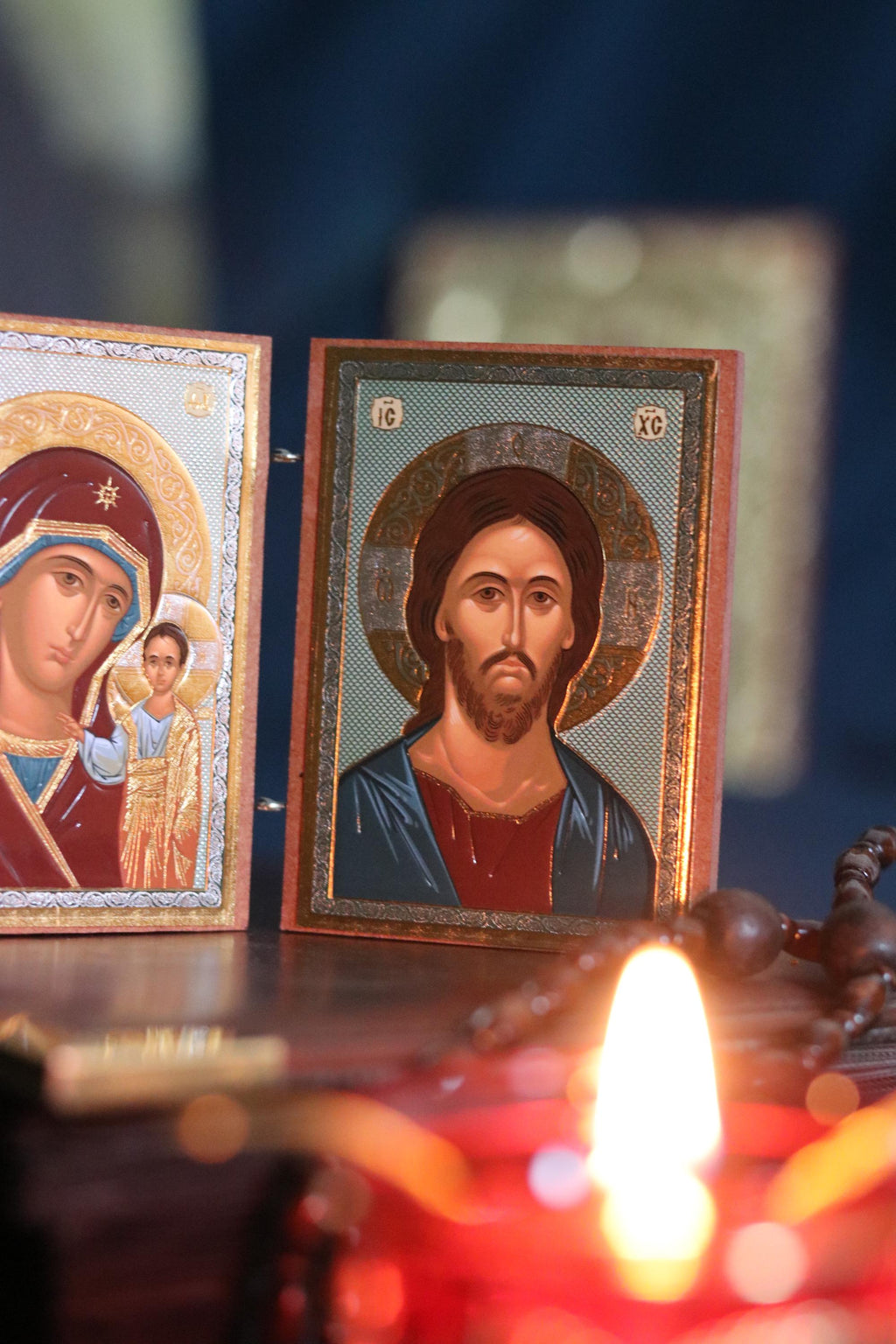 Wooden Orthodox Folding Icon 3.5in, Travel Diptych, Virgin Mary And Jesus Christ, Pocket Icon