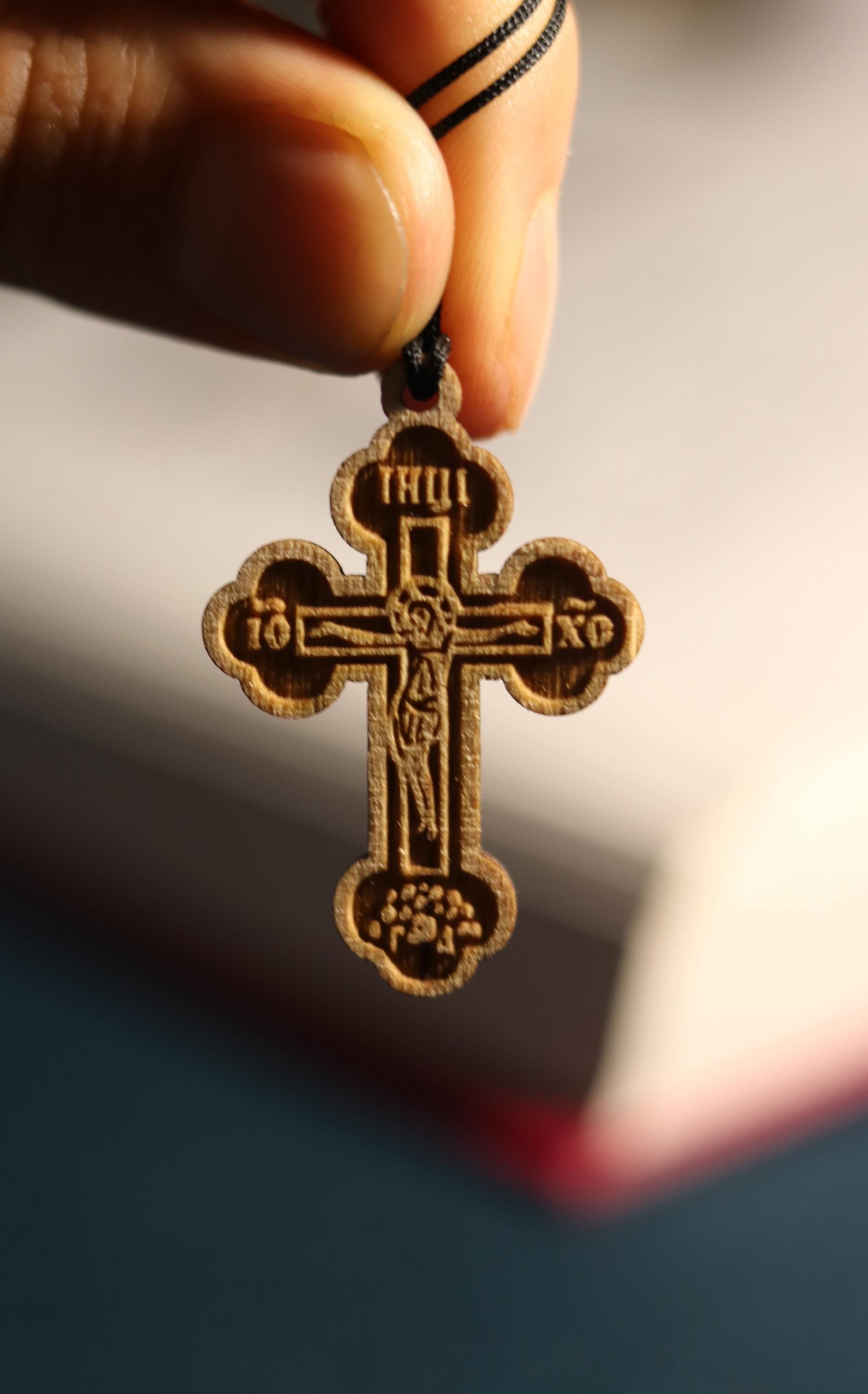 Orthodox Wooden Cross Pendant – Compressed Wood, Jesus Crucifix, Blessed in Church, Orthodox cross, Orthodox icon