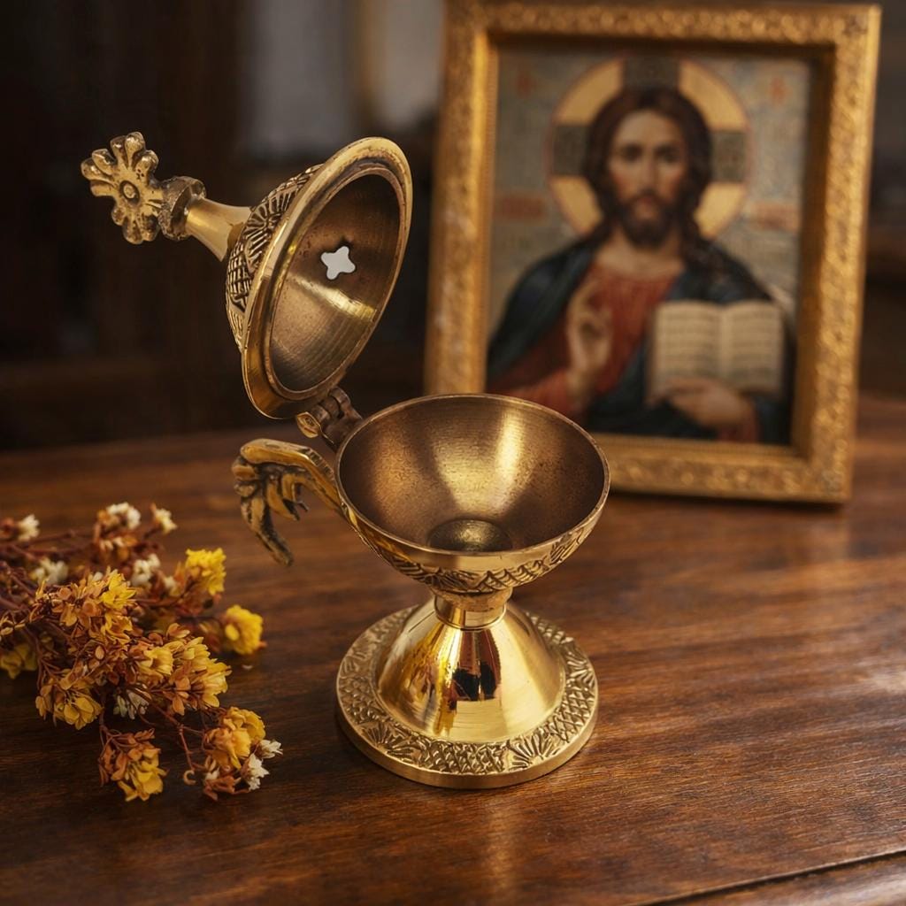 Brass Incense Burner 3.9 in, Orthodox Metal Censer with Lacquer, Christian Thurible