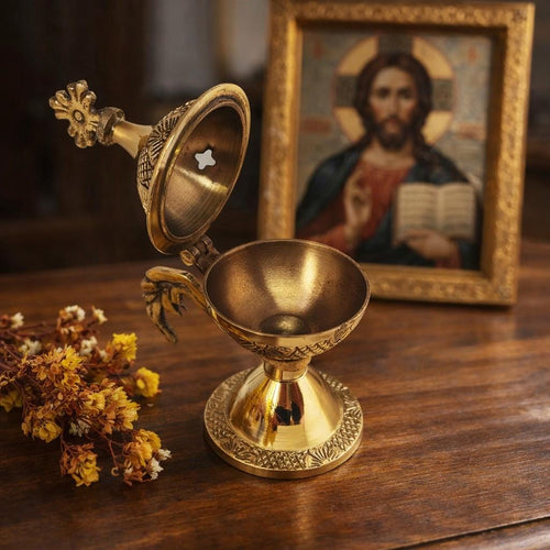Brass Incense Burner 3.9 in, Orthodox Metal Censer with Lacquer, Christian Thurible