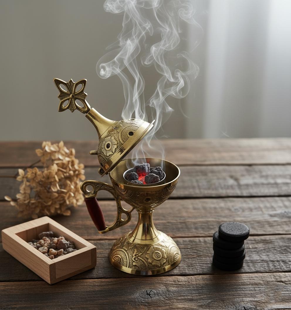 Metal Incense Burner 6.7in Set – Greek Censer with Embossed Design, 50g Greek Incense, 24mm Charcoal Tablets, Orthodox Prayer Kit