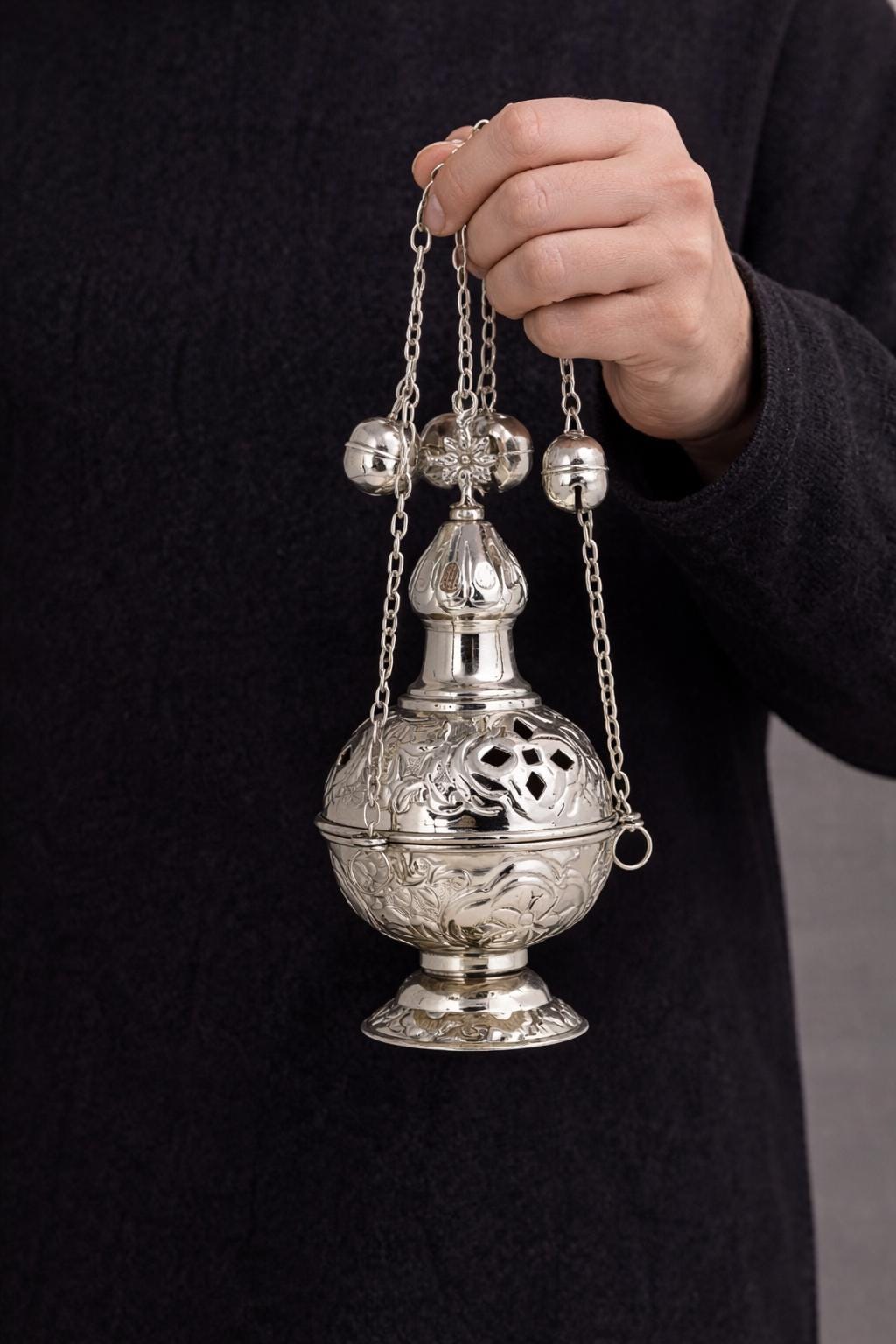 Silver Incense Burner 7.5x3.3in Metal Censer, Orthodox Church Censer, Religious Decor