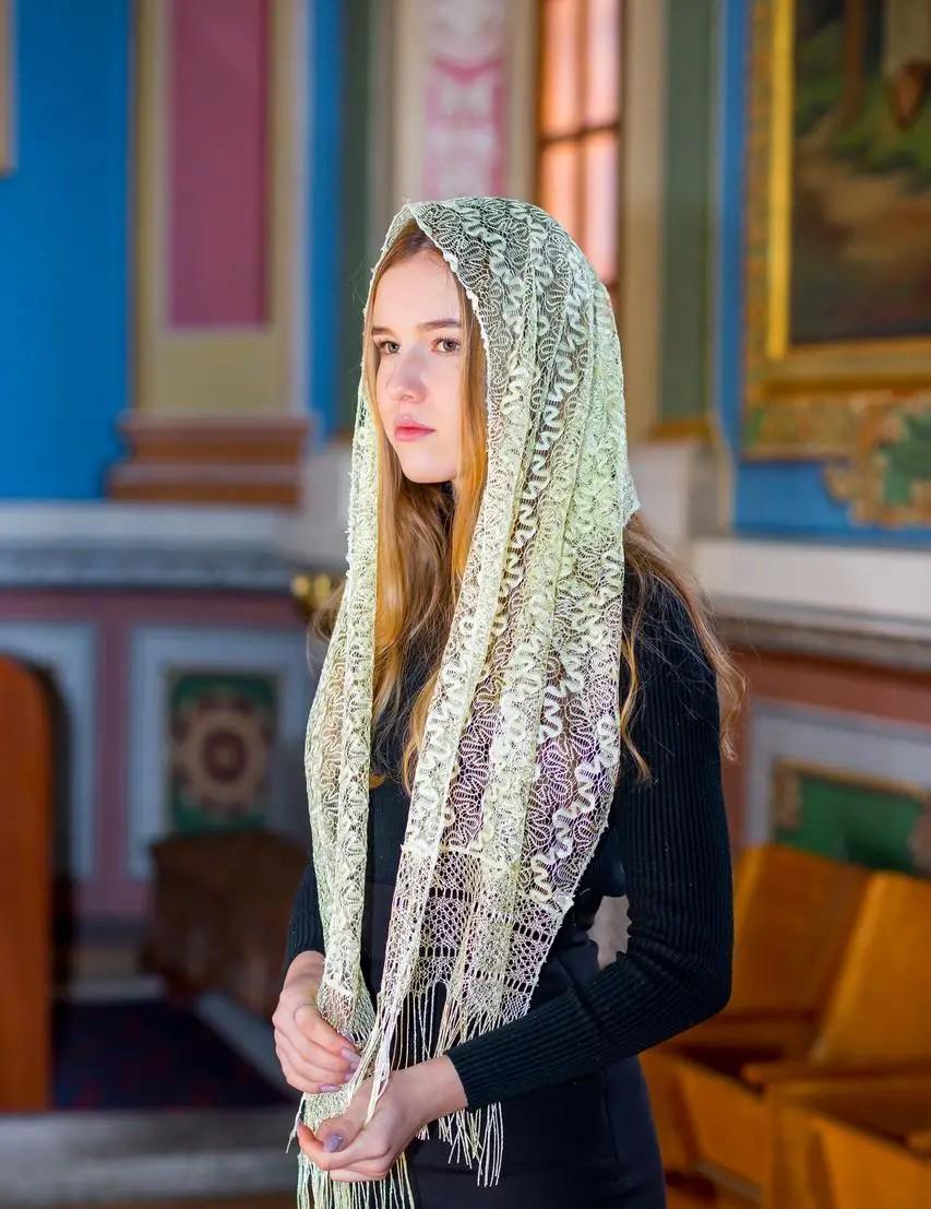 Yellow Church Headscarf 65x18 Inch, Women Lace Shawl, Orthodox Veil