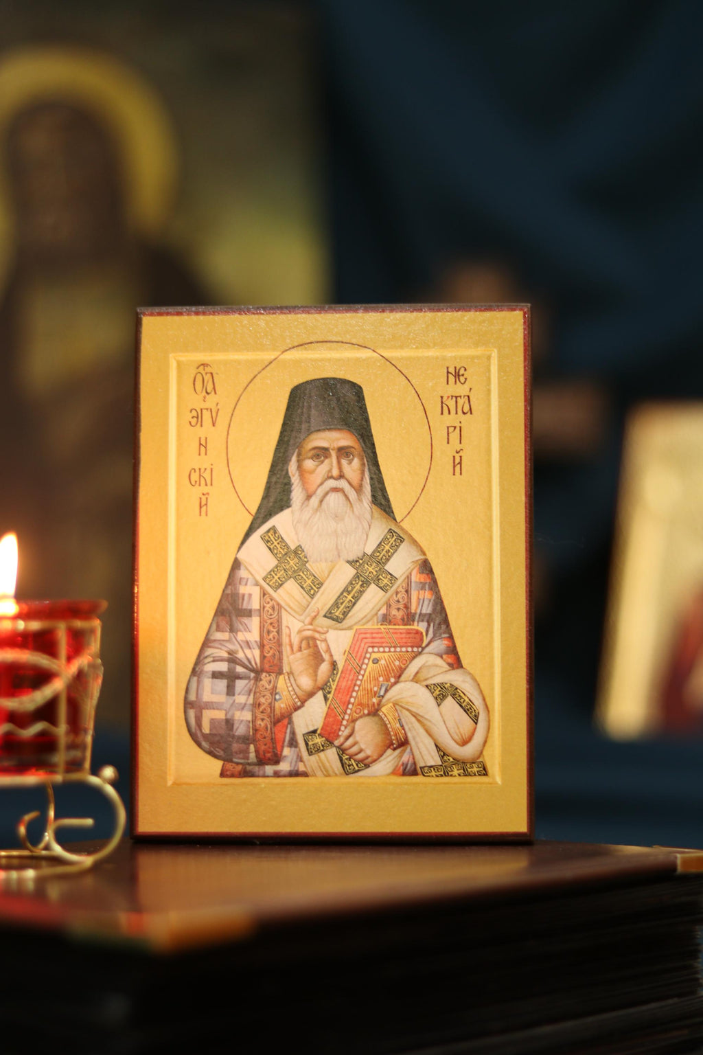 Wooden Icon Orthodox Icon, Saint Nektarios Icon, Ash Veneer